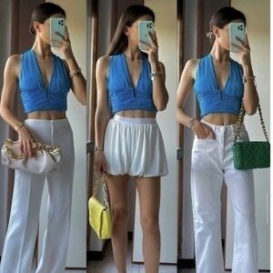 Zara blue ruched deep plunge V-neck halter crop top crisscross open back Sz XL